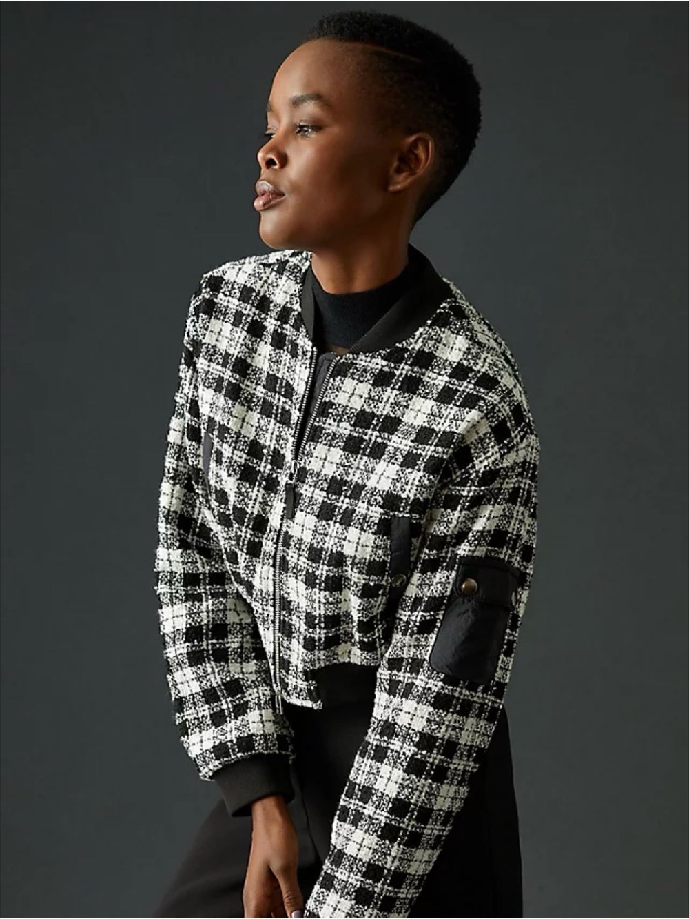 Maeve Black & White Plaid Bomber Jacket